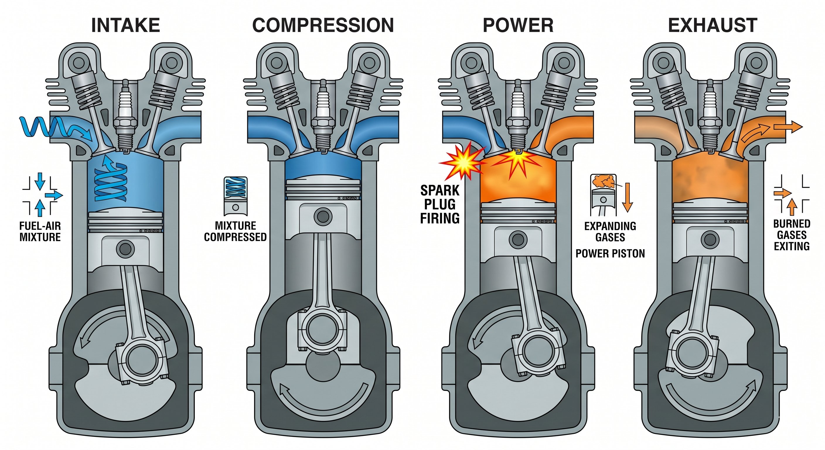 Four-stroke aircraft engine cycle diagram showing intake, compression, power, and exhaust strokes