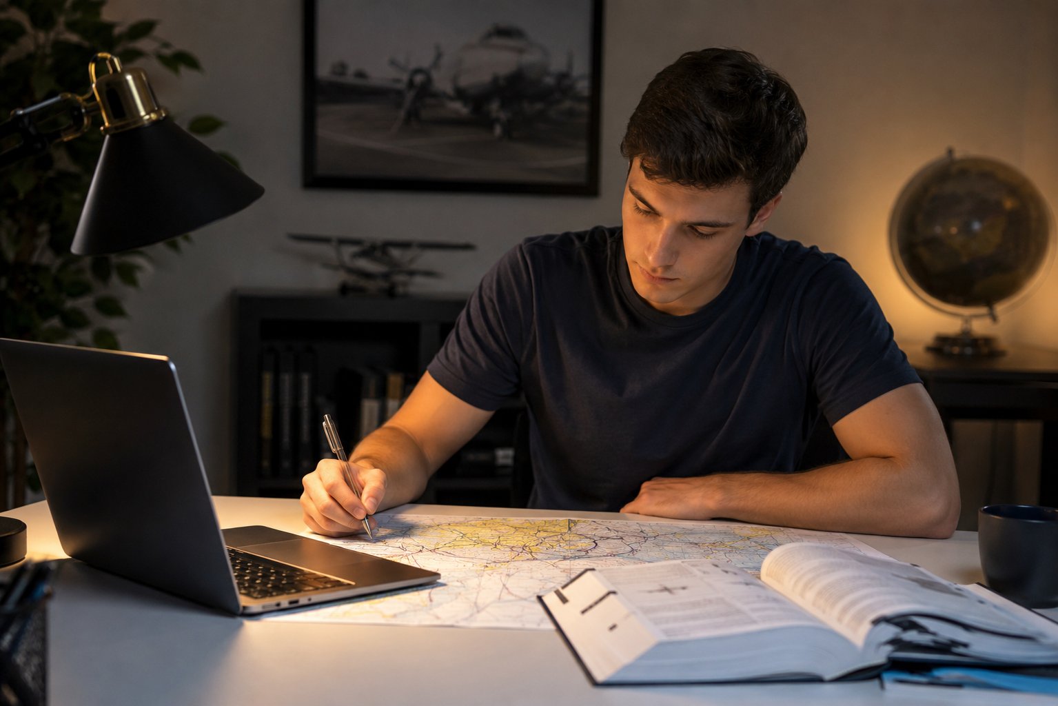 Student pilot studying aviation charts and flight manuals